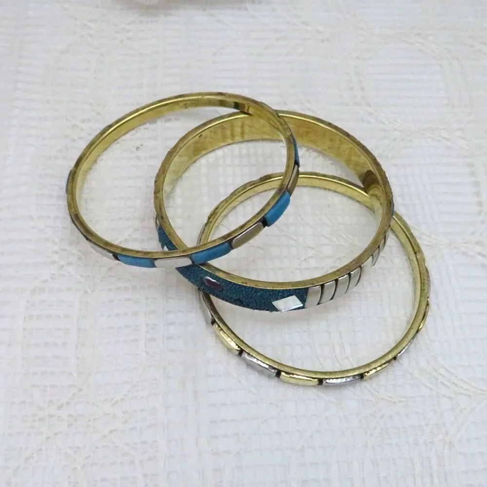 Set of 3 Bangle Bracelets With Gold, Silver, Turquoise Accents Boho Western - Picture 2 of 7